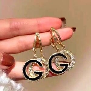 Designer Inspired Gold Plated With CZ And Black Enamel "G"  Earrings